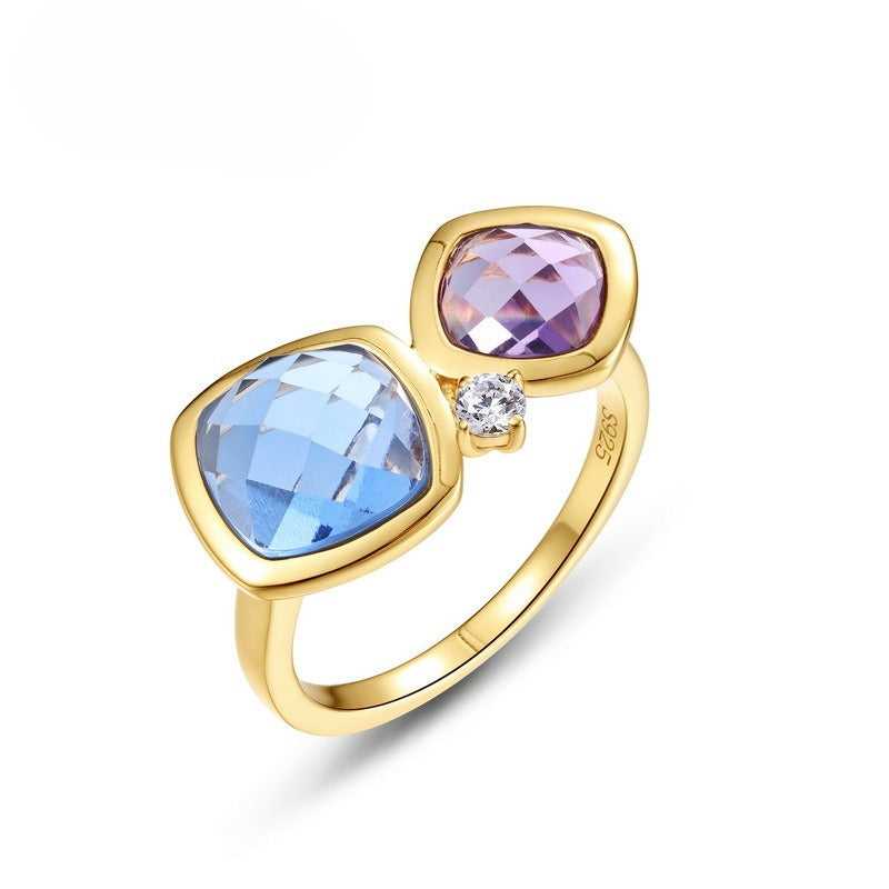 S925 Sterling Silver Crystal Double-Stone Adjustable Ring