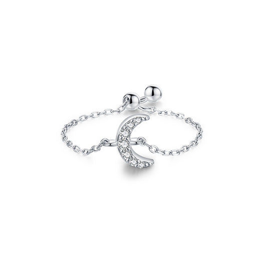 Sterling Silver Adjustable Moon Ring with Zircon Detail