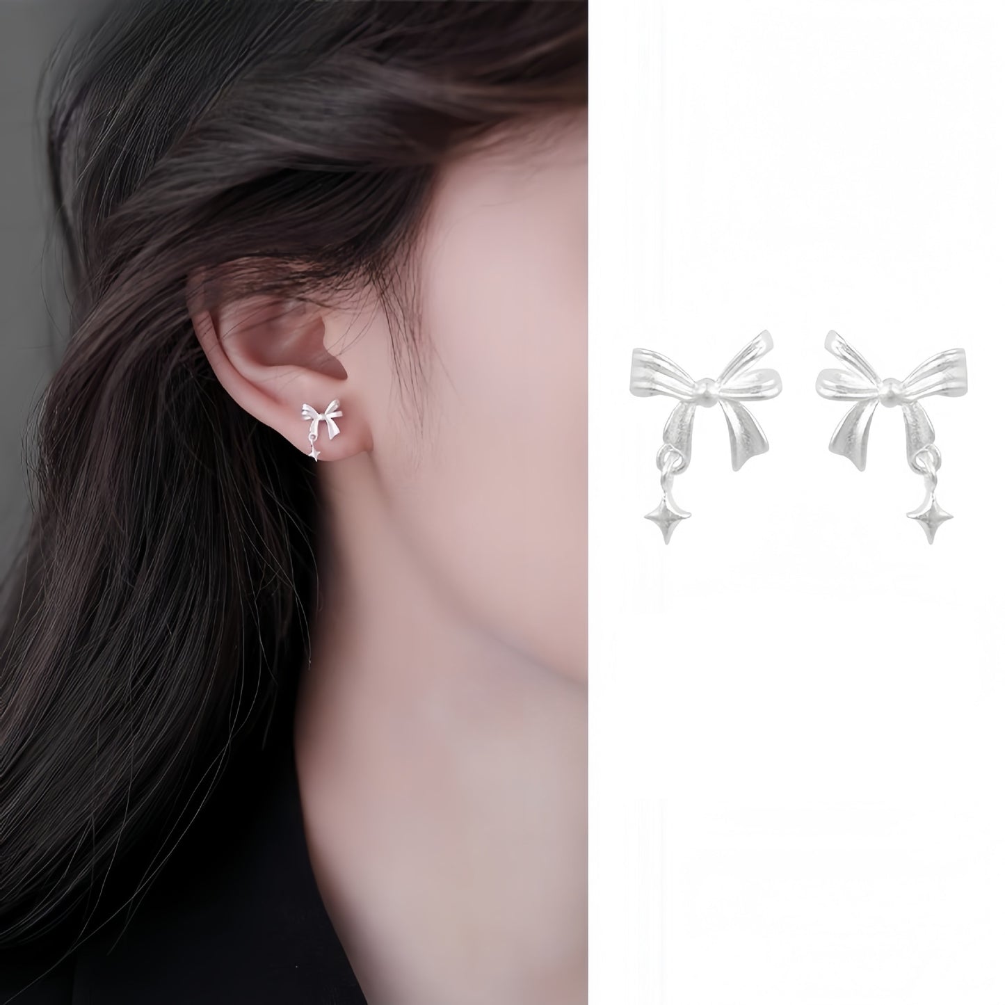 New 925 Sterling Silver Star Bow Stud Earrings for Women
