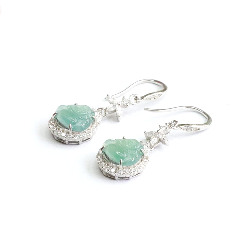 Icy Blue Jadeite Buddha 925 Silver Hook Earrings