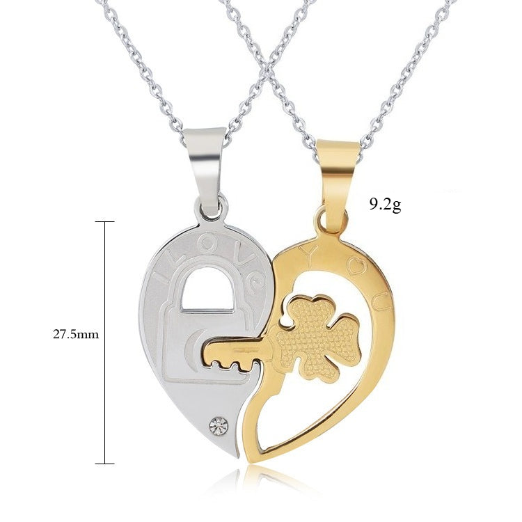 Four-Leaf Clover Necklace Key Heart Couple Premium Titanium Steel Unisex Pendant Planderful For Lovers