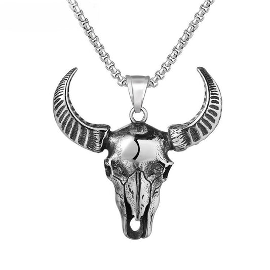 Planderful Bull Head Pendant Necklace Titanium Steel Unisex Personalized Retro Protection Statement