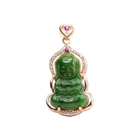 925 Silver-Set Hetian Jasper Baby Buddha Pendant — No Chain