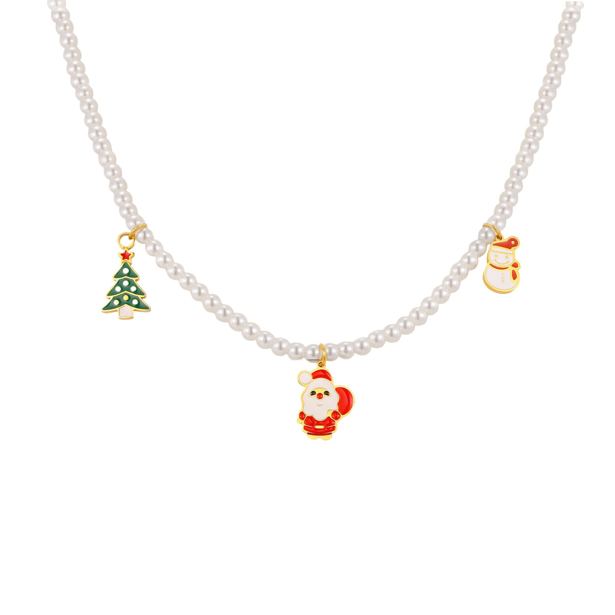 Stainless Steel Autumn & Winter Santa Claus Christmas Tree Snowman Imitation Pearl Necklace