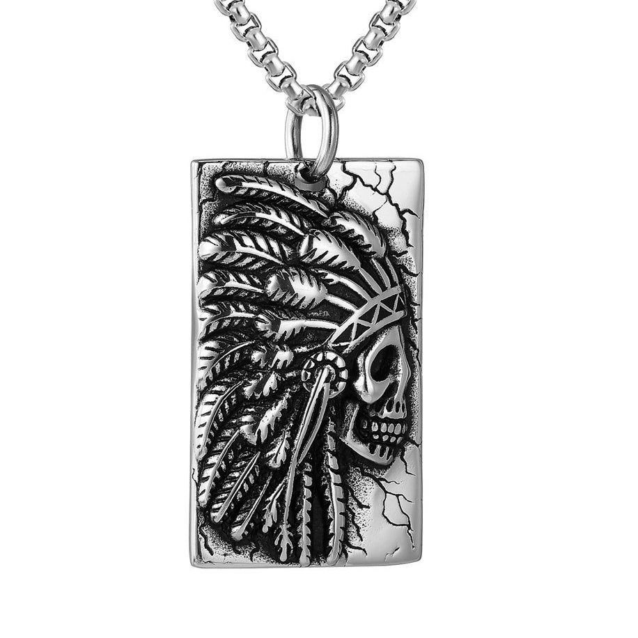 Halloween American Indian Skull Rectangle Titanium Steel Necklace for Men