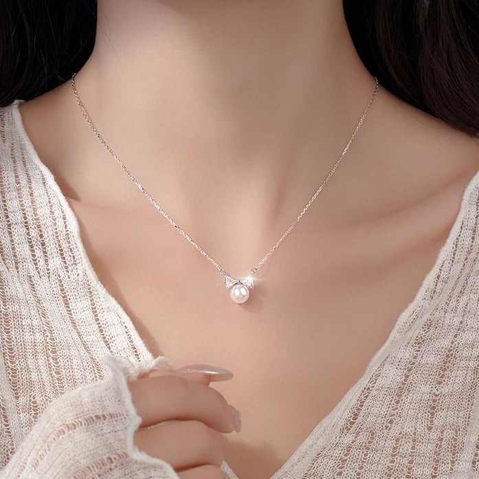 S925 Sterling Silver Bow Pearl Necklace Women's Light Luxury
