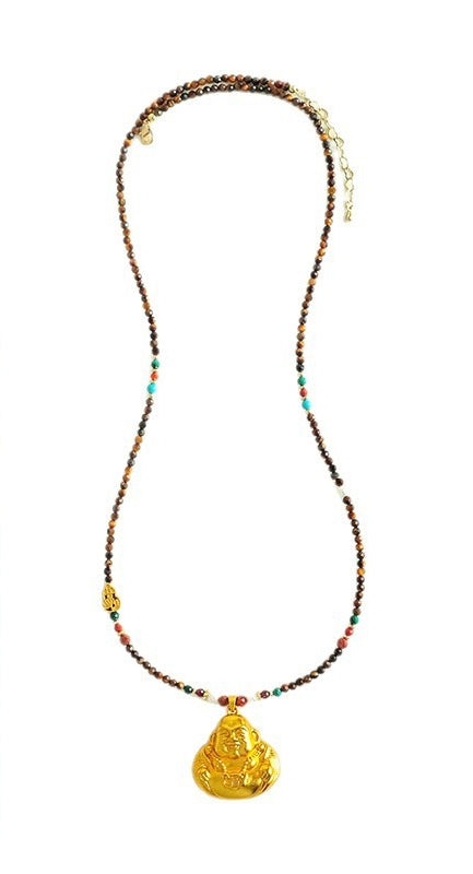 Tiger Eye & Turquoise Buddha Pendant Necklace