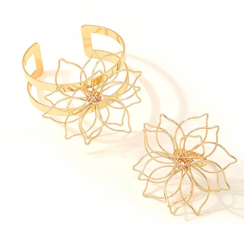 Fashionable Minimalist Metal Flower Bracelet Ring Set Planderful