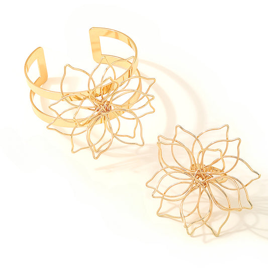 Fashionable Minimalist Metal Flower Bracelet Ring Set Planderful