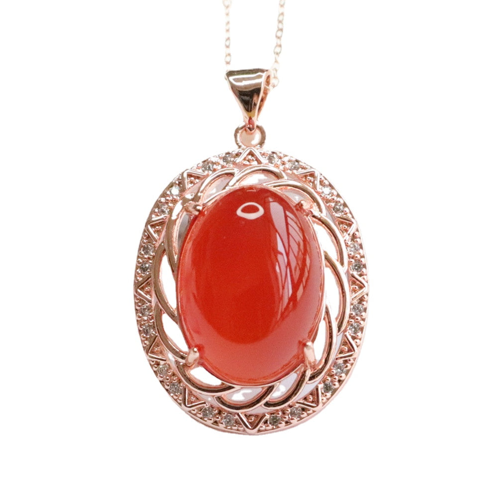 Pigeon Egg Natural Red Agate Pendant Zircon Rose Gold Clavicle Necklace Jewelry