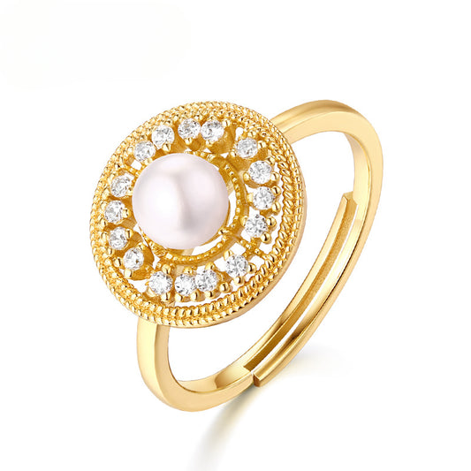 Zircon Disc Round Natural Freshwater Pearl Golden Opening Sterling Silver Ring