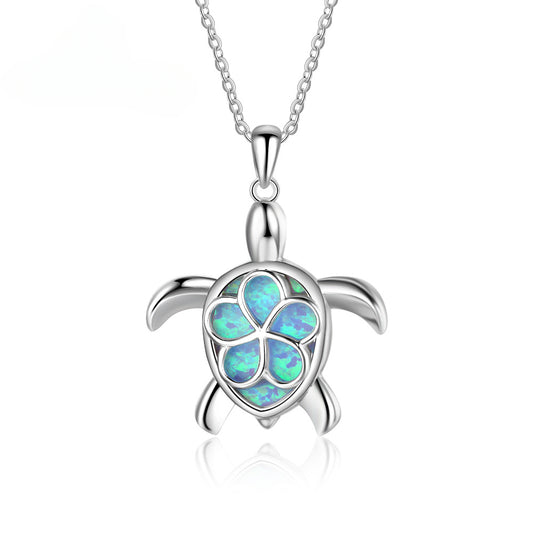 Blue Opal Cute Turtle Sterling Silver Necklace