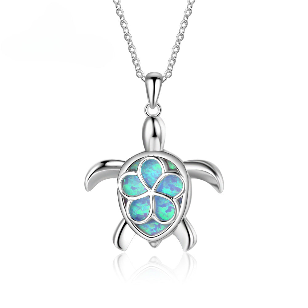 Blue Opal Cute Turtle Sterling Silver Necklace