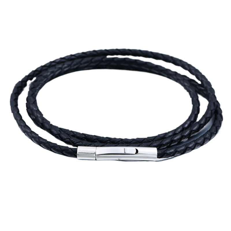 Version Of – Stainless Steel Spiral Buckle Leather Necklace – Men's Cowhide Rope