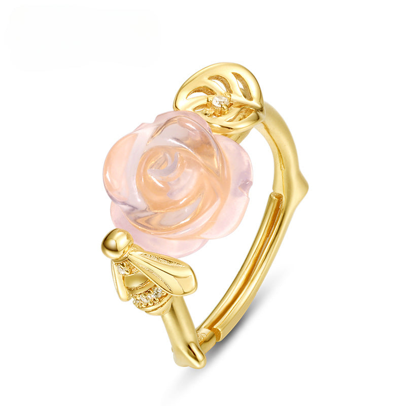 Pink Crystal Rose Bee and Leaf Zircon Opening Silver Ring