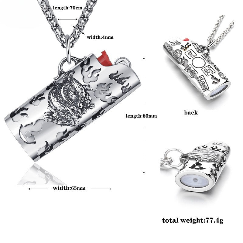 Steel Necklace – Statement Tiger and Lion Pattern Lighter Pendant For Men By Planderful Jewelry