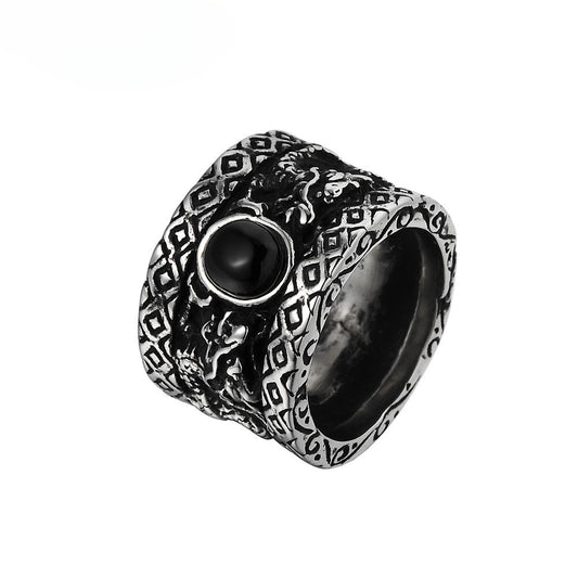 Double Dragons Play Bead Totem Ultra Wide Titanium Steel Ring for Men