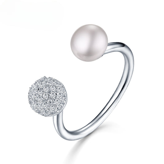 Round Pearl Zircon Ball Opening Sterling Silver Ring