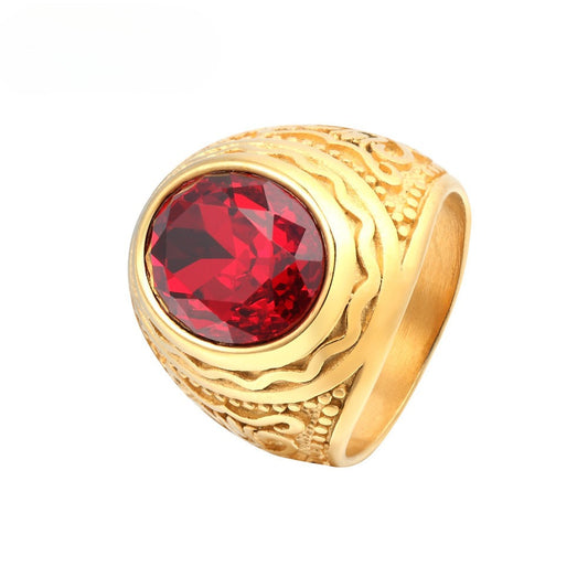 Titanium Steel Ring With Oval Zircon Bold Retro Design Unisex Jewelry Planderful Everyday Genie Collection