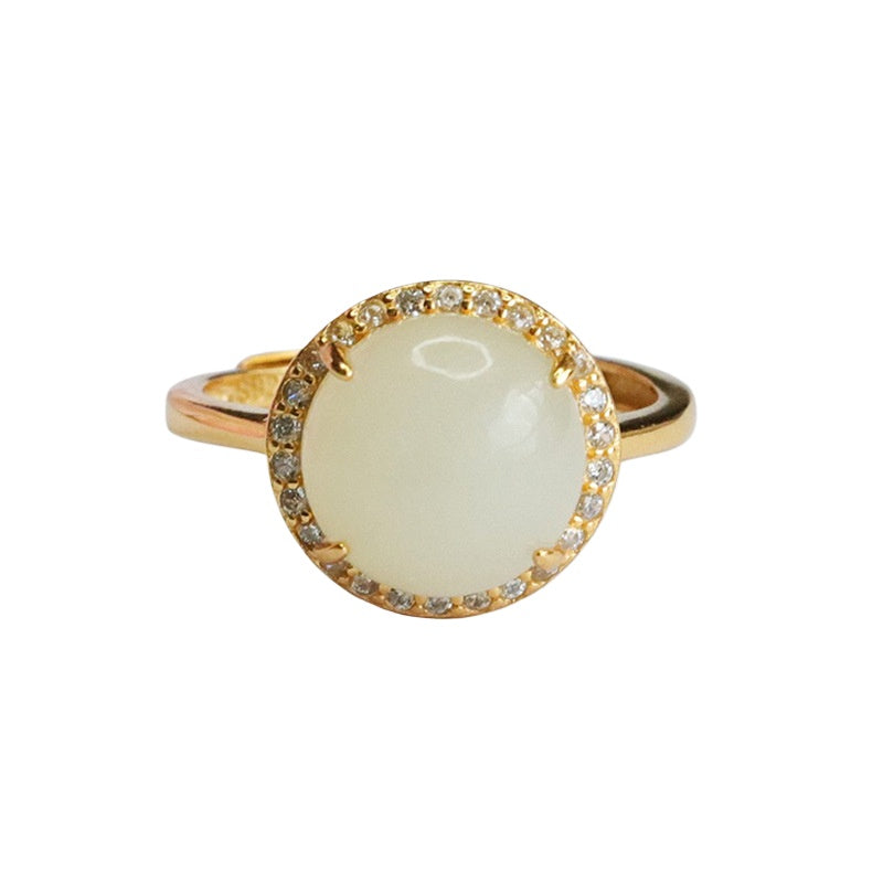 925 Sterling Silver Hetian Jade Round Cabochon Ring
