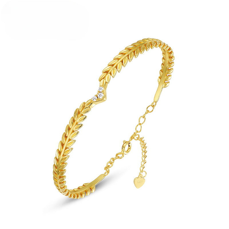 Olive Leaf Three Zircon Sterling Silver Bracelet