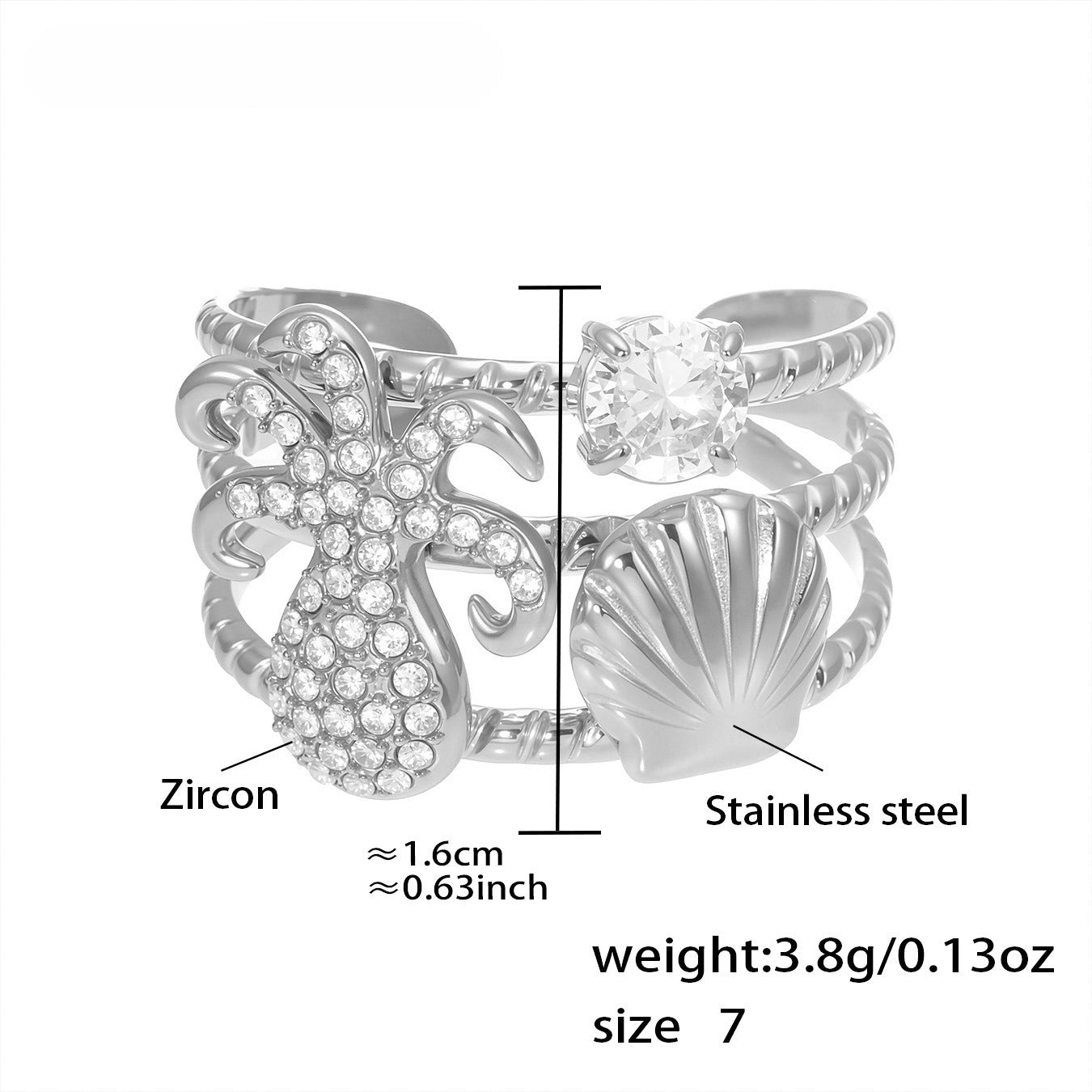 Planderful Ocean Zircon Shell Ring 18K Gold Plated Lovers