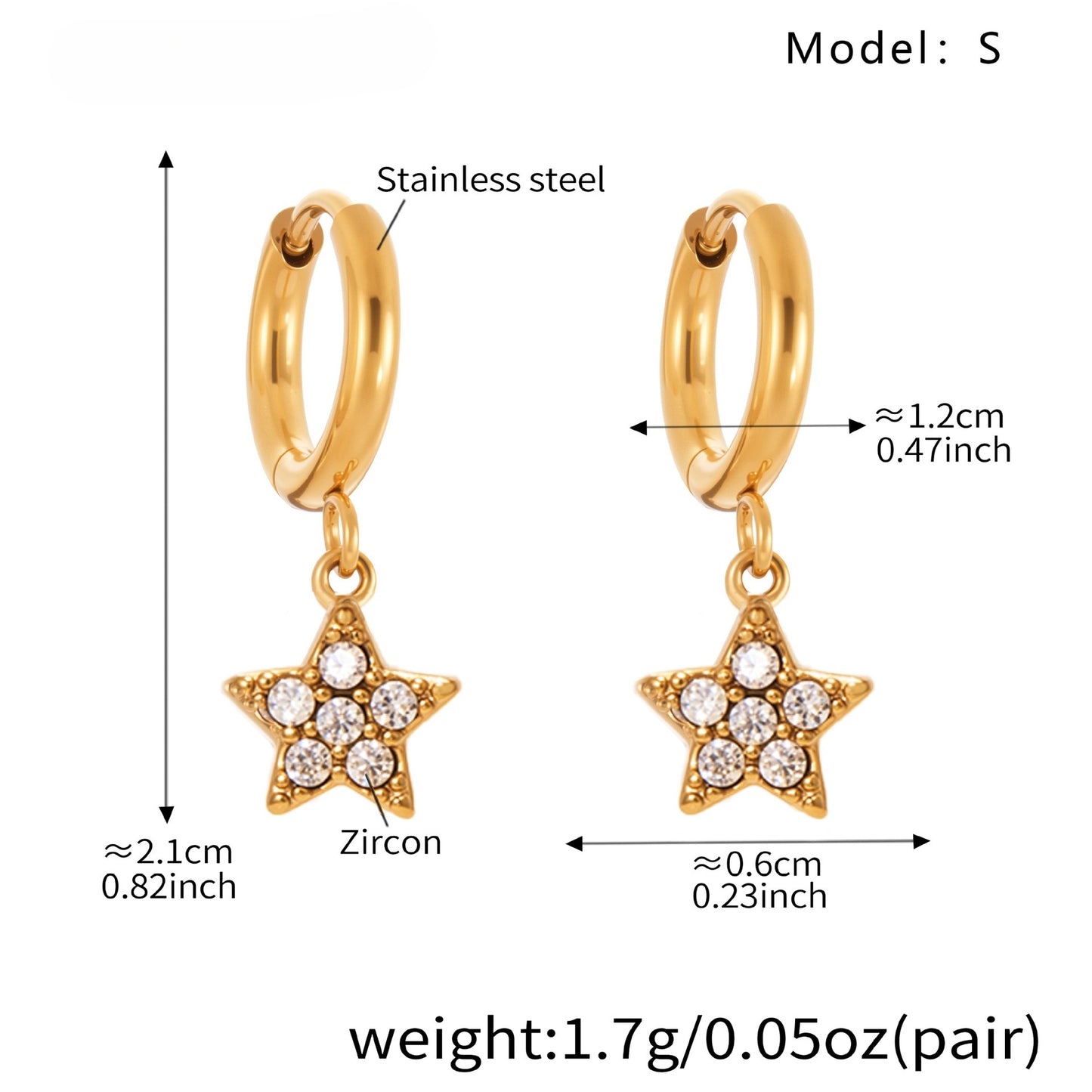 Planderful Zirconium Pentagram Earrings 18K Goldplated Bold