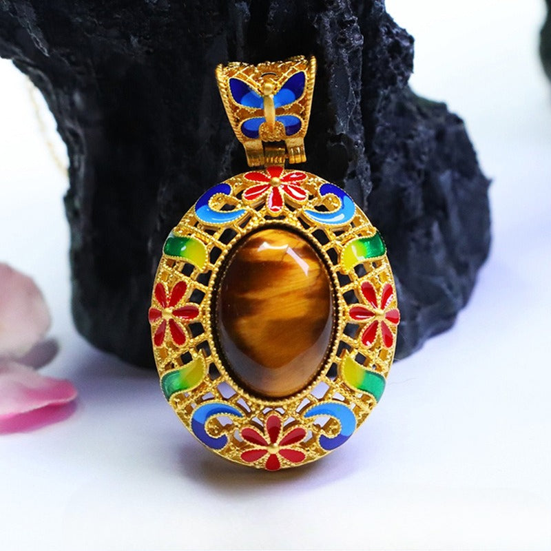 Yellow Tiger Eye Enamel Petal Pendant — No Chain