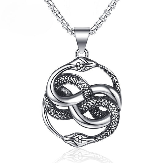 Steel Necklace - Vintage Double Snake Pendant For Men