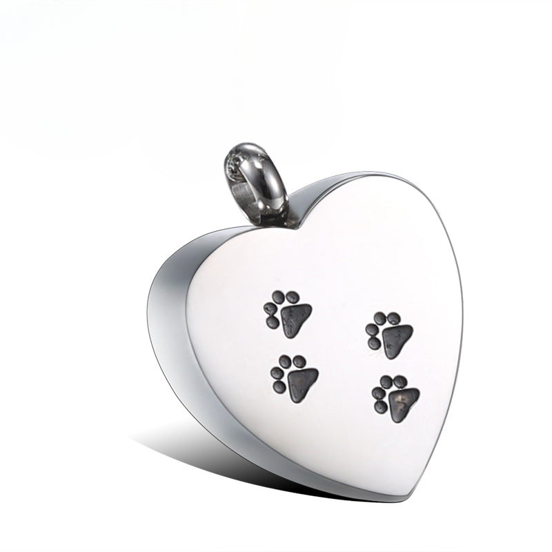 Titanium Steel Heart Pendant with Paw Print Urn for Pet Memorials