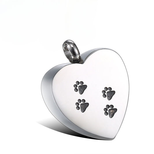 Titanium Steel Heart Pendant with Paw Print Urn for Pet Memorials