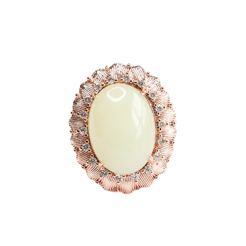 Zircon Rose Gold Ring with Natural Hotan Jade Edge and Petals