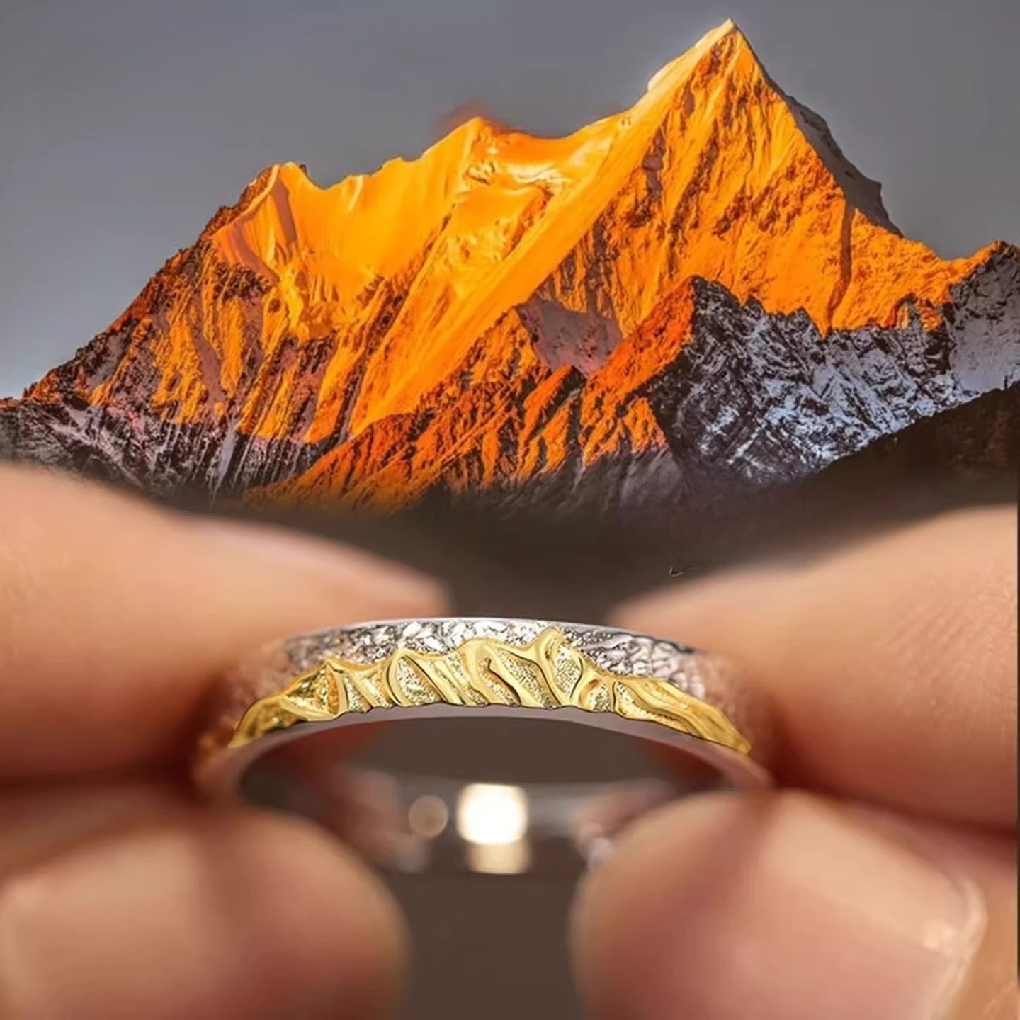 Planderful Sterling Silver Couple Ring 925 Adjustable Open Band With Golden Mountain Design For Her Gift