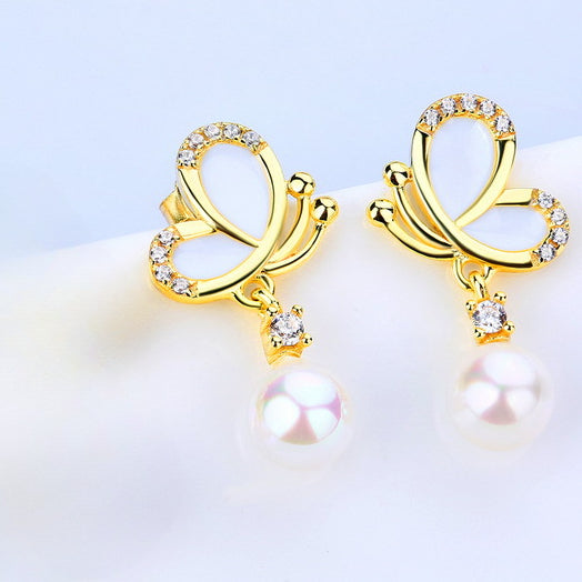 Butterfly Zircon Round Pearl Pendant Golden Sterling Silver Drop Earrings