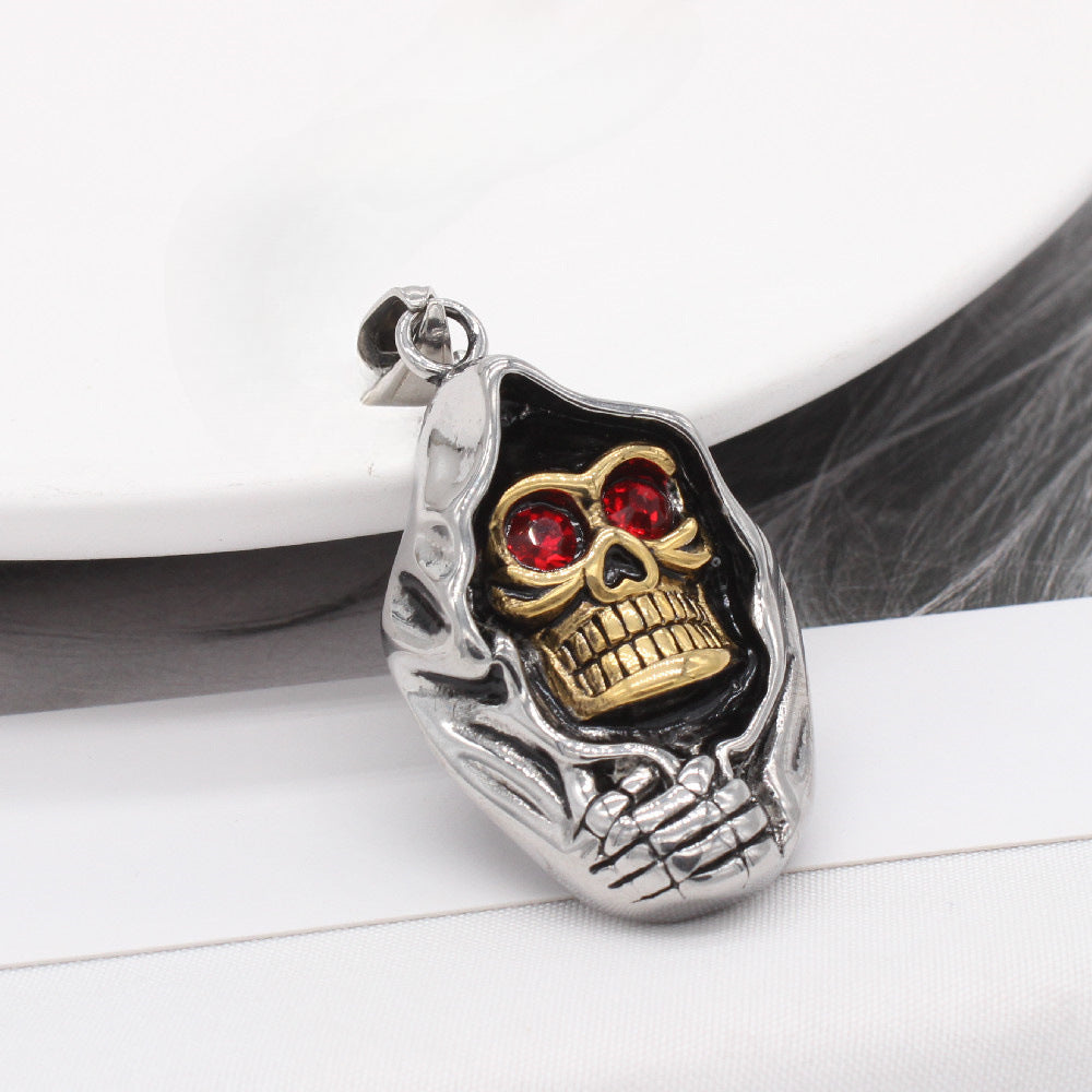 Halloween Red Zircon Golden Skull Wizard Titanium Steel Pendant for Men