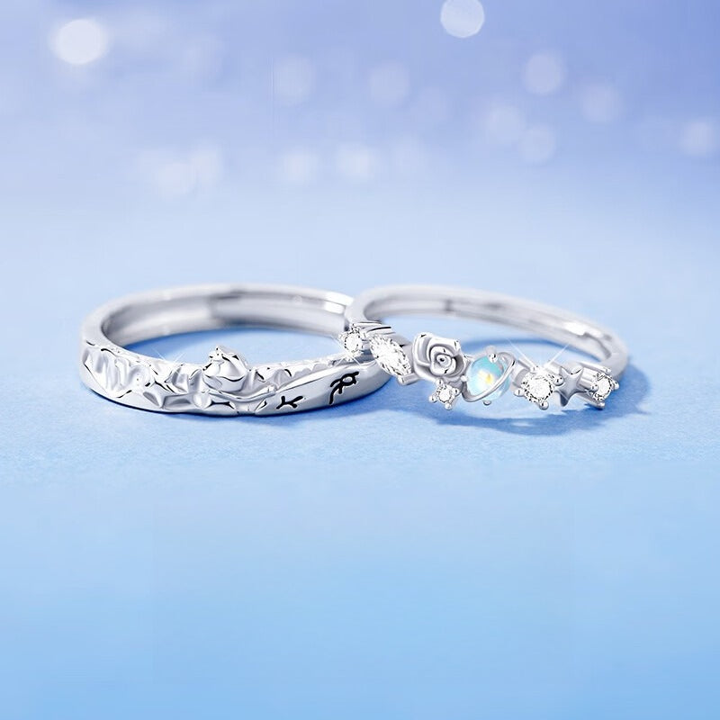 Planderful Sterling Silver Little Prince And Rose Unisex Couple Ring Adjustable Gift For Lovers
