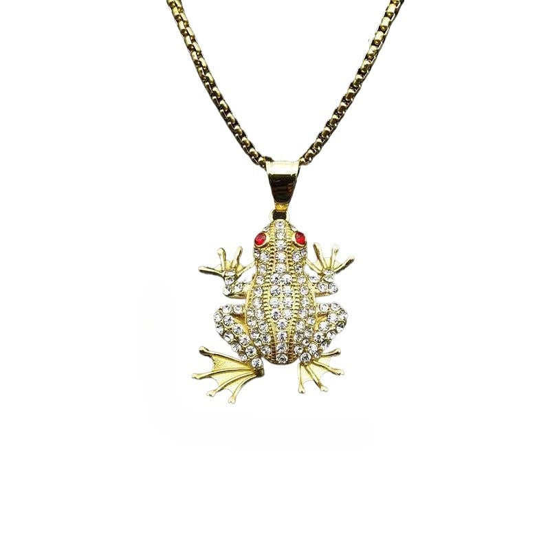 Planderful Hip Hop Necklace Stainless Steel Gold Plated Zircon Red Eyed Frog Pendant For Urban Fashion Fans