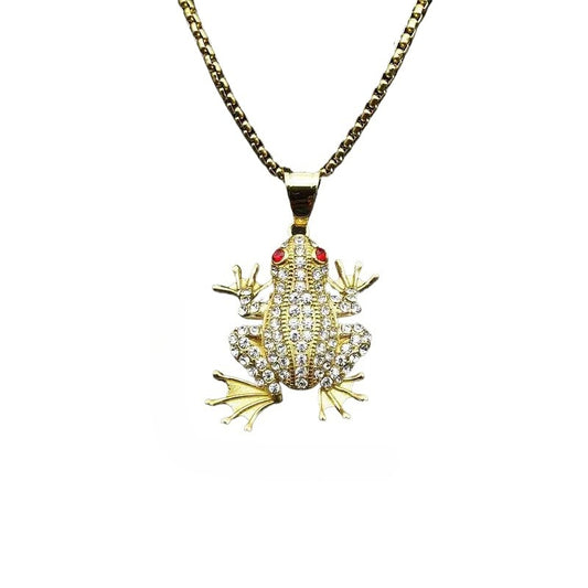 Planderful Hip Hop Necklace Stainless Steel Gold Plated Zircon Red Eyed Frog Pendant For Urban Fashion Fans