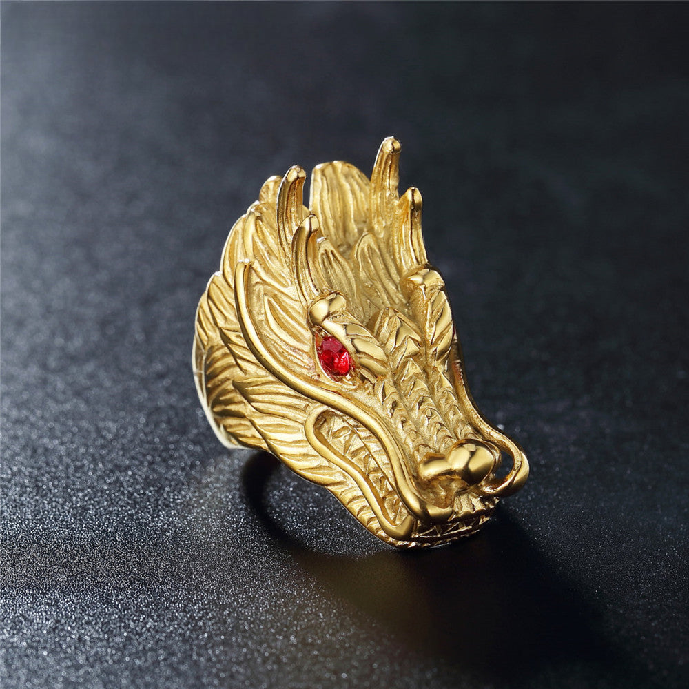 Red Eye Zircon Gold Dragon Head Titanium Steel Ring for Men