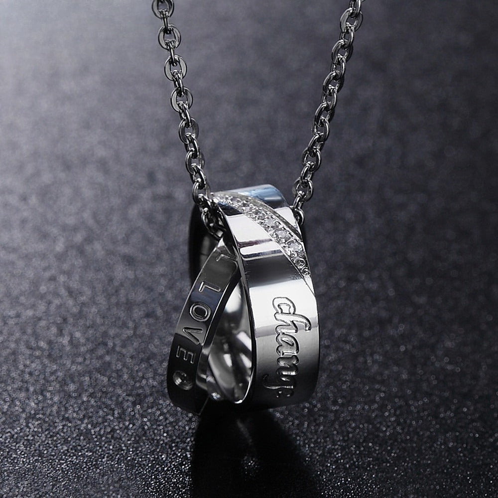 Planderful Titanium Steel Couple Necklace With Inlaid Zircon Double Ring Pendant Unisex Protection Jewelry