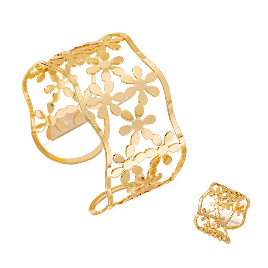 Fashion Metal Hollow Flower Bracelet Ring Set for Women