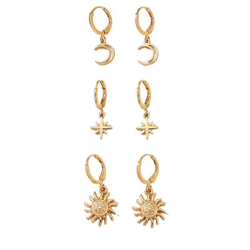 Planderful Vienna Verve Earrings Set – Exquisite Metal Stars and Moon Design