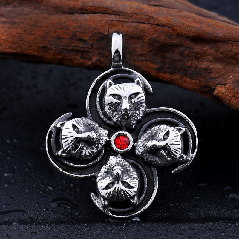 Custom European and American Style Retro Titanium Steel Wolf Pendant with Zircon Inlay for Men - Wholesale Jewelry