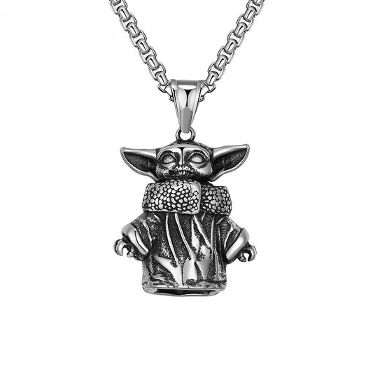 Steel Necklace - Statement Hip Hop Amulet With Yoda Cartoon Motif From Planderful Everyday Genie