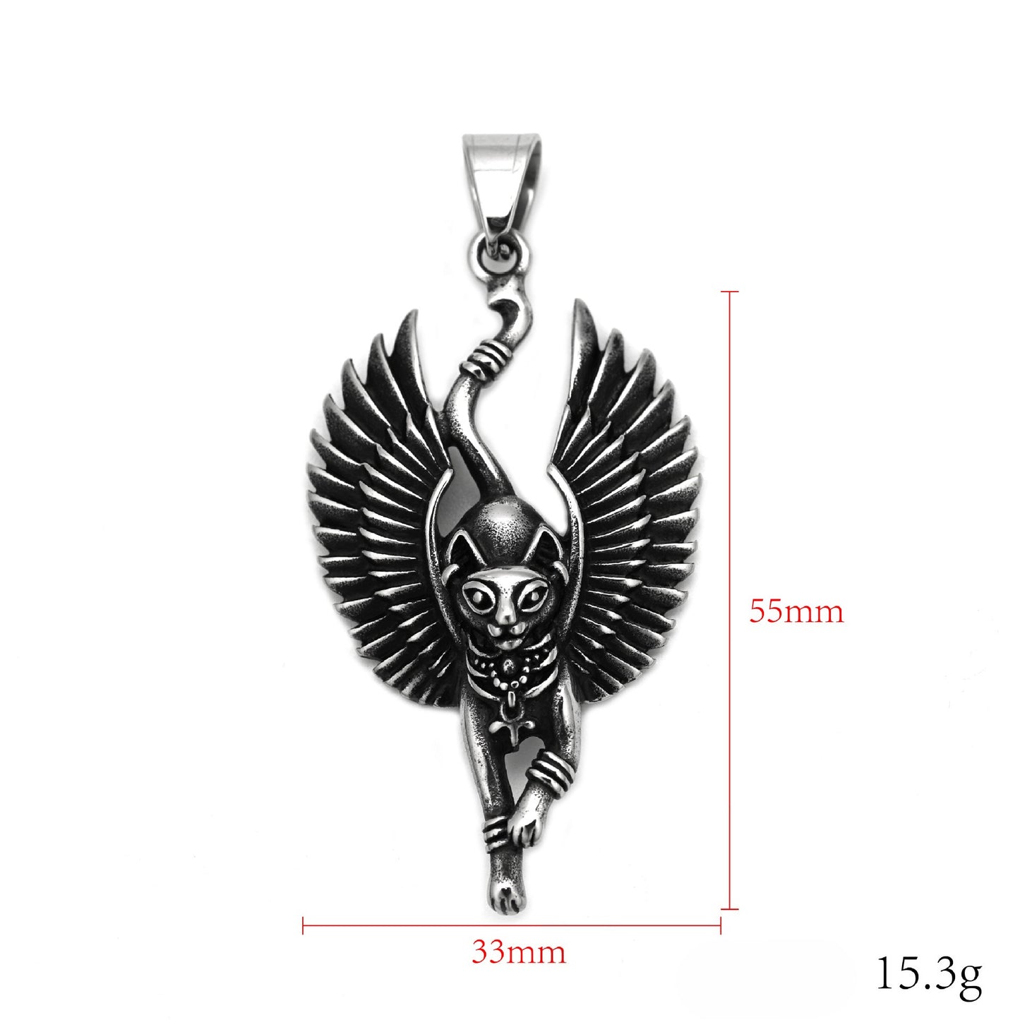 Stainless Steel Necklace - Statement Egyptian Mythology Winged Cat God Pendant For Him Gift Idea
