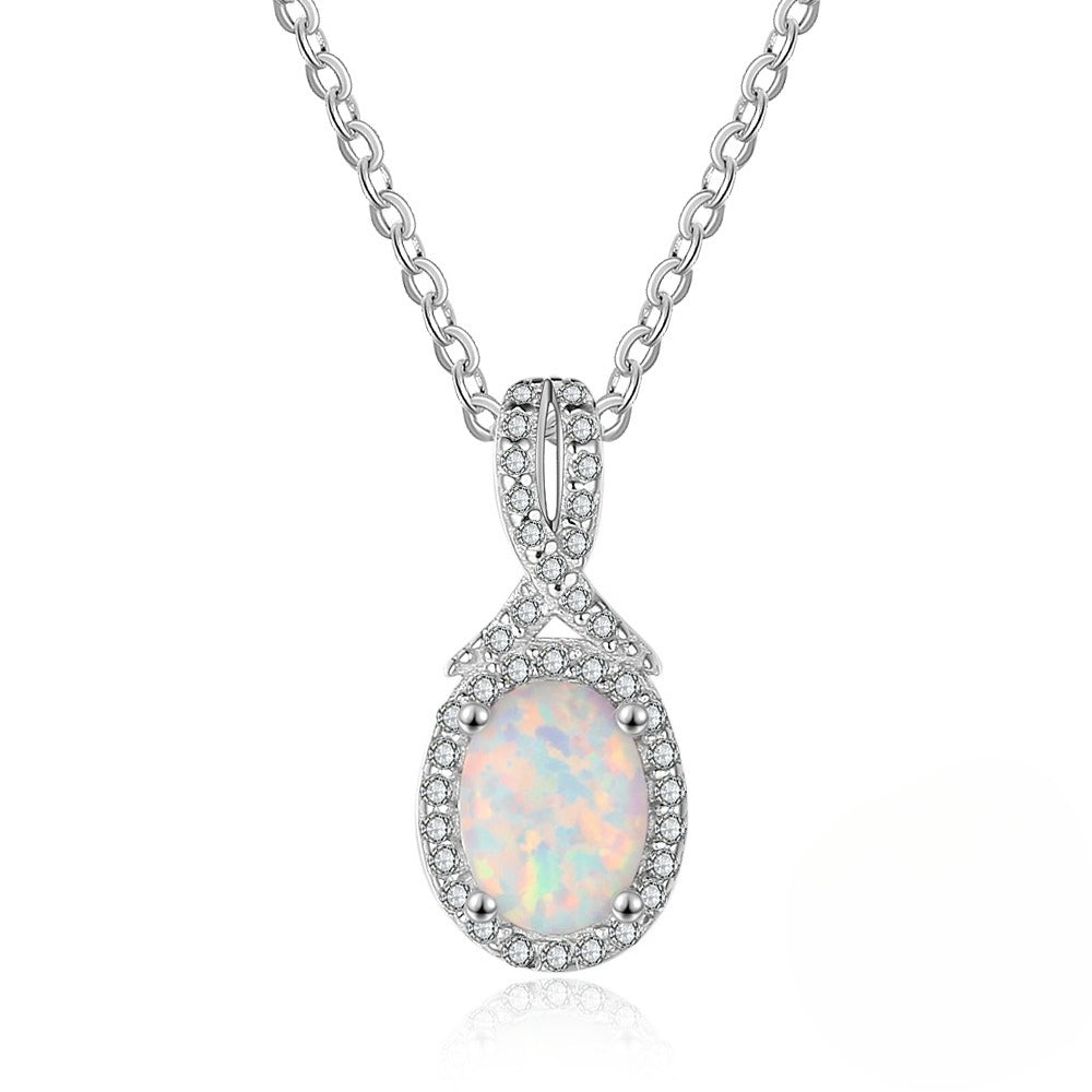 Planderful Jewelry Opal Necklace Sterling Silver Halo
