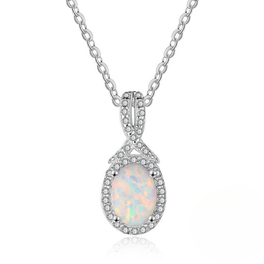 Planderful Jewelry Opal Necklace Sterling Silver Halo