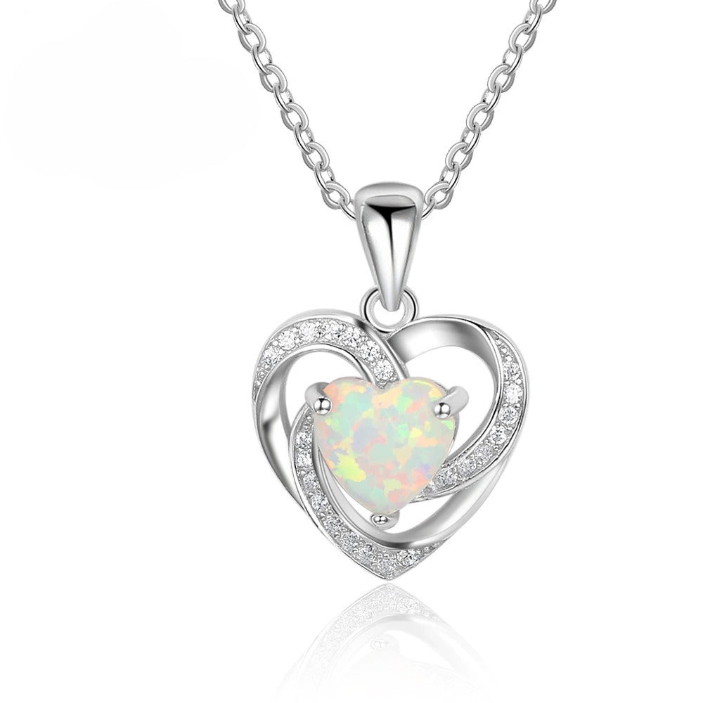 Planderful Jewelry Sterling Silver Opal Heart Pendant Necklace For Women Handcrafted Fine Jewelry Gift Ready