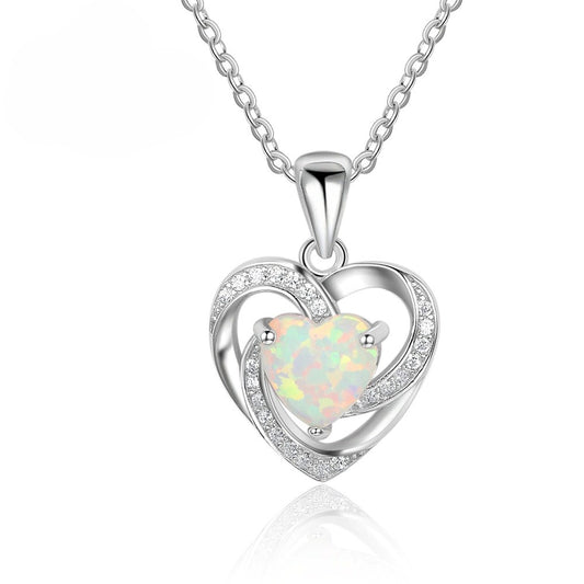 Planderful Jewelry Sterling Silver Opal Heart Pendant Necklace For Women Handcrafted Fine Jewelry Gift Ready