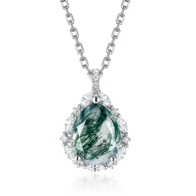 Planderful Jewelry Sterling Silver Necklace With Green Moss Agate Pendant And Zircon Accents